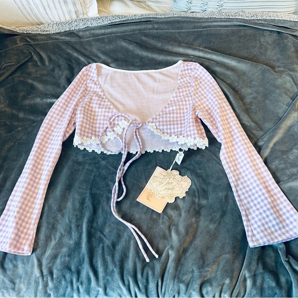 NWT Lacemade Winery of Grape gingham purple cardigan with flower details size XS